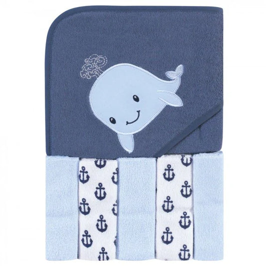 Hudson Baby - Hooded Towel & Five Wash Cloths Gift Set Sailor Whale