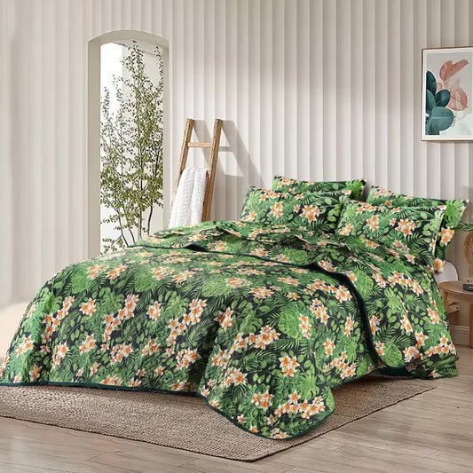 Ultrasonic Micro Fiber Bed Spread Green Flower