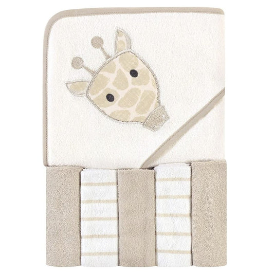 Hudson Baby - Hooded Towel & Five Wash Cloths Gift Set Modern Giraffe