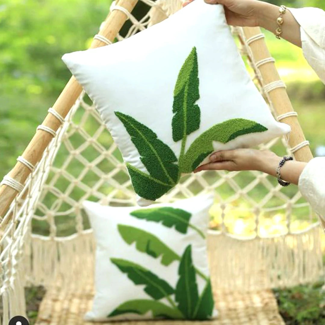 Green Leave Embroider Cushion Cover Pack of 2